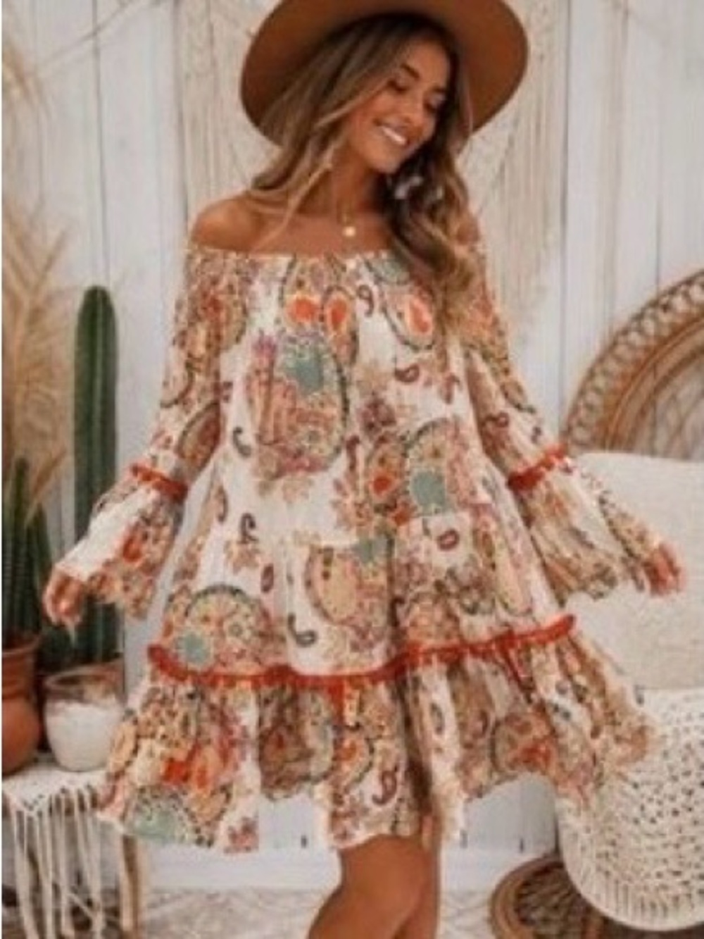 True Destinations Boho Paisley Tiered Peasant Dress Baby Doll Dress Size L